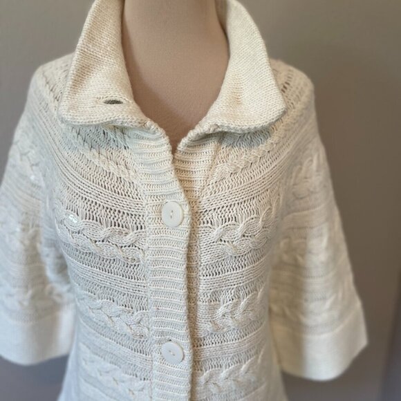 Coldwater Creek Women's Ivory Wool Button Sequin Cable Knit Cardigan, Size M - Picture 3 of 10